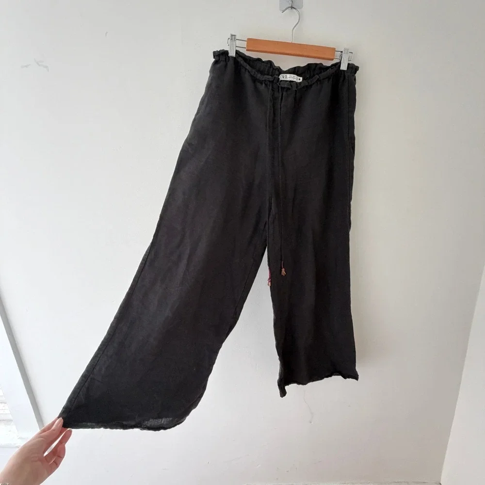 Zara 100% Linen Culotte Pants L Black Paperbag Waist Beaded Tie Boho Resort